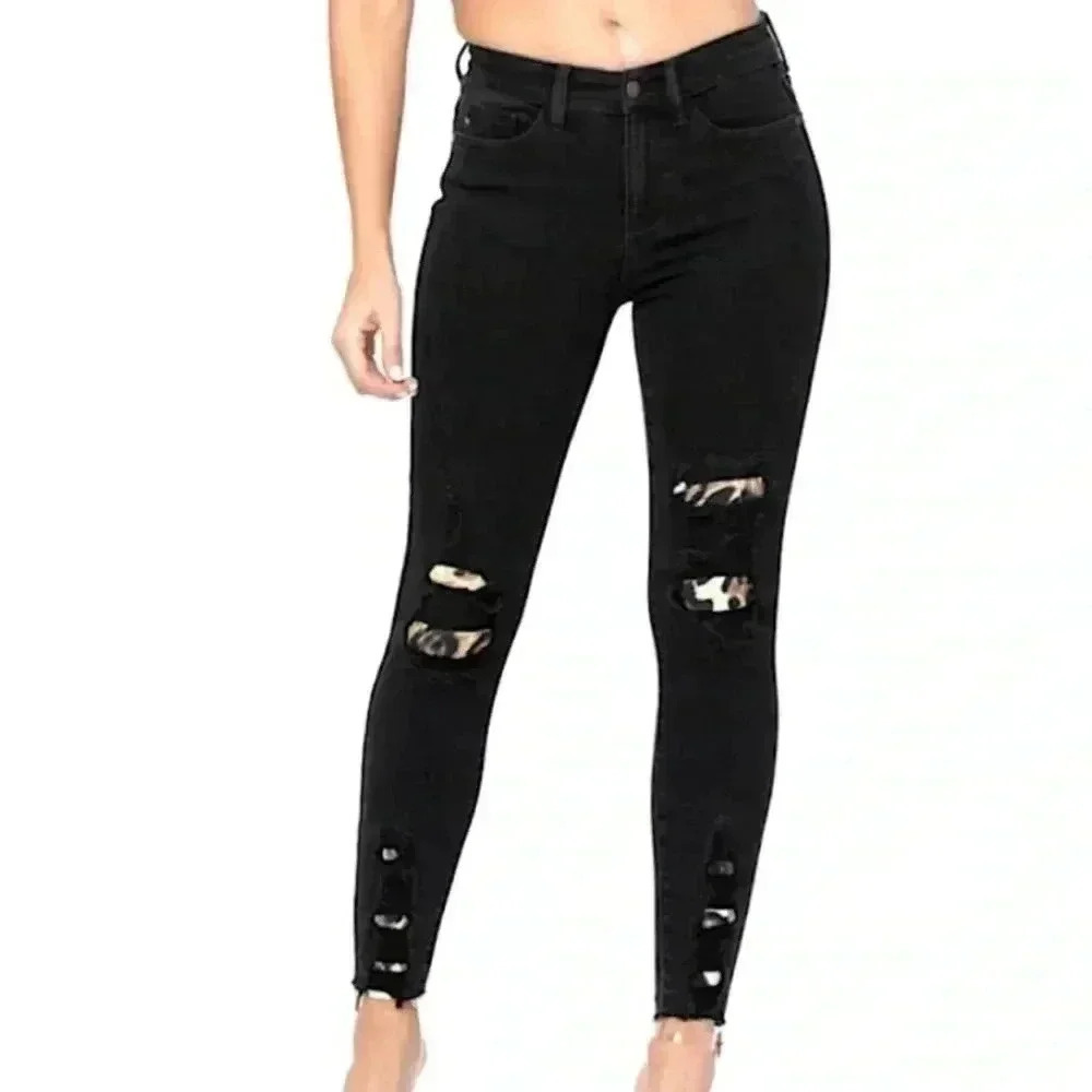 Judy Blue Black Distressed Animal Print Patch Skinny Jeans